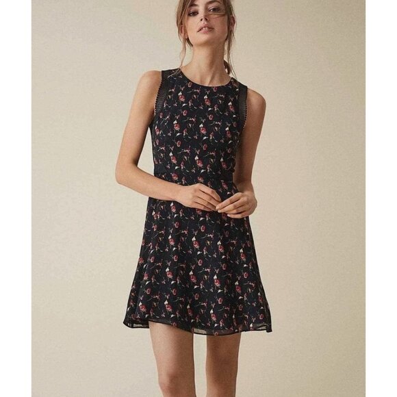 Reiss Navy Louise Floral Print Mesh Trim Dress Size 8 - Picture 1 of 6